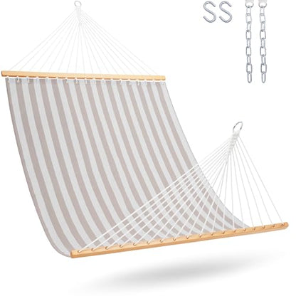 Lazy Daze Double Textliene Quick Dry Hammock with Spreader Bar for Outdoor | 11 Ft Hammock for 2 Person, Weather Resistant Fabric, 450 Lbs Capacity, Hammock Bed 78 x 55 In with Carabiners, Chains - color: Beige White Stripes