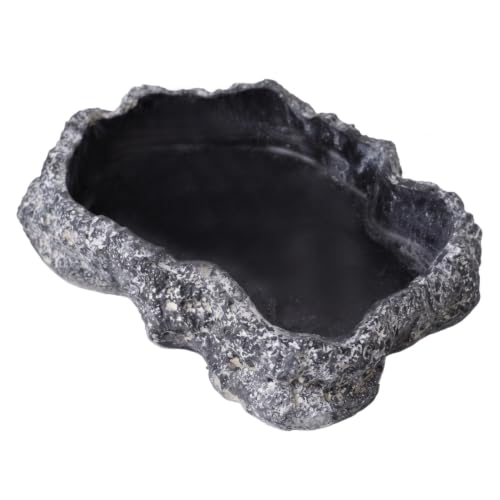 Reptile Water Dish with Natural Rock Texture, 600ml Tortoise Water Bowl for Amphibians & Reptiles, Black, 8.9x6.50x1.77 Inch. - color: Black