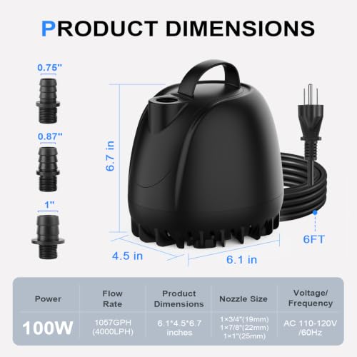 hygger 1057GPH Submersible Aquarium Water Pump (4000L/H) with 3 Nozzles | Ultra Quiet 100W Fish Tank Pump with Ceramic Shaft, Overheat Protection for Aquarium, Pond, Hydroponics (9.8ft Lift)