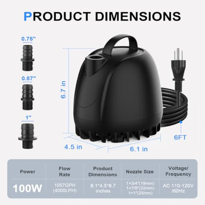 hygger 1057GPH Submersible Aquarium Water Pump (4000L/H) with 3 Nozzles | Ultra Quiet 100W Fish Tank Pump with Ceramic Shaft, Overheat Protection for Aquarium, Pond, Hydroponics (9.8ft Lift)