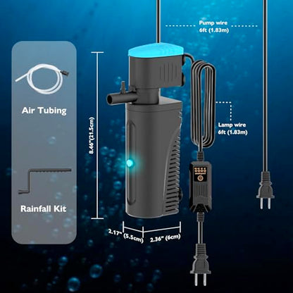 Aquarium Filter with U - V Clarifier for Green Water Cleaning | Fish Tank Filter to Remove Al-gae | Green Killing Machine | Aeration/Rainfall Mode | with Timer | Turtle Tank Filter (10-30Gal)
