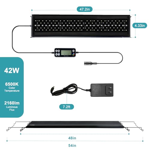 24/7 LED Aquarium Light, IP68 Waterproof Extendable Bracket Fish Tank Light with Timer, 7 Colors, 10 Level Adjustable Brightness, DIY Mode Full Spectrum Aquarium Plant Light for 48-54 Inch Fish Tank - size: 48"-54"