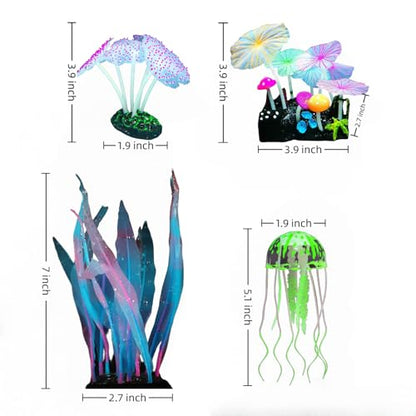 4-Pack Silicone Fluorescent Aquarium Plants & Decor - Realistic Jellyfish, Mushrooms for All Fish Tanks, Essential Decorations