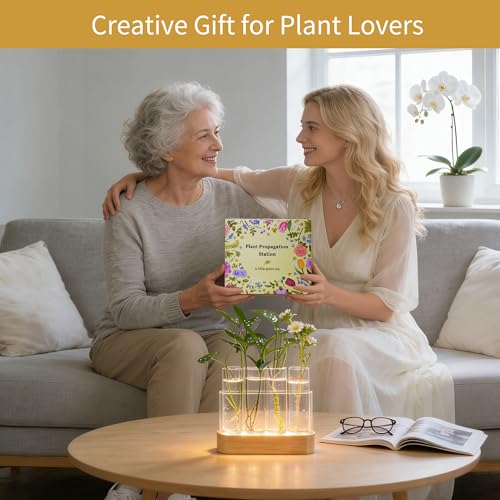 Plant Propagation Station with LED Grow Light, Wooden Stand & 4 Glass Tubes | For Hydroponic Plants, 3 Lighting Modes and 9 Brightness Levels; Desktop Plant Decor and Gift for Plant Lovers