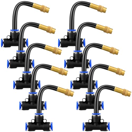Zonon 10 Pcs Brass Misting Nozzles Tee with 4" Built in Hose for 0.32"/8 mm Tubing 360 Degree Rotation Adjustable Water Mister Nozzle Thread Sprayer Misting Part Accessories for Patio Outdoor Cooling - size: 4 Inch