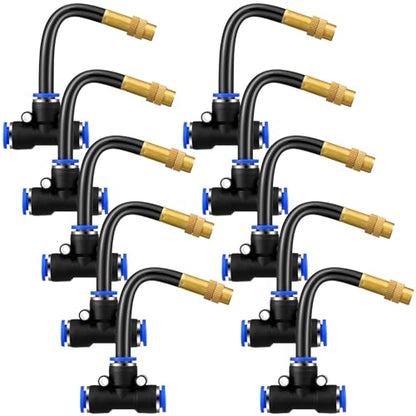 Zonon 10 Pcs Brass Misting Nozzles Tee with 4" Built in Hose for 0.32"/8 mm Tubing 360 Degree Rotation Adjustable Water Mister Nozzle Thread Sprayer Misting Part Accessories for Patio Outdoor Cooling - size: 4 Inch