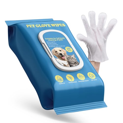 Pet Glove Wipes for Dogs & Cats with Coconut Scent, No Rinse Full Body Cleaning Large Gloves (9.84 x 9.05 inch), Gentle Grooming for Paws Face Ears Eyes Coat, Alcohol Free, 20 Pack