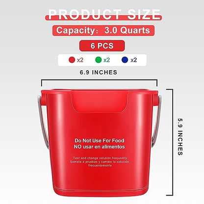 Roshtia 6 Pcs 3 Quart Sanitizing Cleaning Bucket Square,Red, Blue, Green | Sanitation Bucket Samll Sanitizer Pails for Restaurant Commercial Kitchen Cleaning, Detergent Storage for Office School - color: Red, Blue, Green