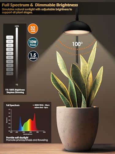 Smart Grow Light for Indoor Plants, Full Spectrum Plant Grow Light | 10W LED Plant Light with 3/9/12 Timer, Smart APP&in-line control, 10 Dimming Levels, Height Adjustable Grow Light with Base - color: Black