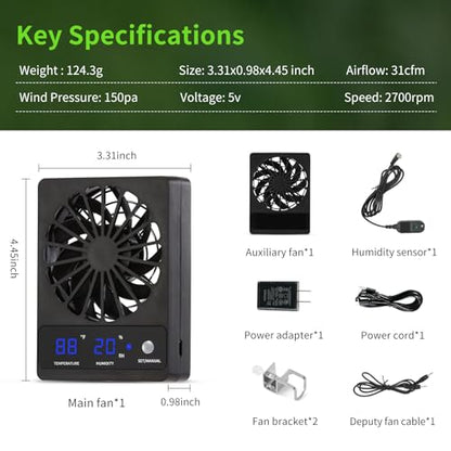 2 PCS Reptile Ventilation Fan with Thermo-Hygrometer | Air Circulation Fan for Terrariums, Enclosures & Aquariums | Quiet Cooling & Ventilation System