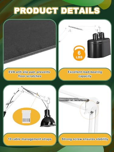 Reptile Light Stand, Single Swing-Arm, White, 15.7-74.3 inch | Adjustable 360° Swing Arm, Heat Bulb Stand, For Bearded Dragons, Turtles, Chameleons, Terrarium Compatible - color: White, size: Dual Swing-Arms