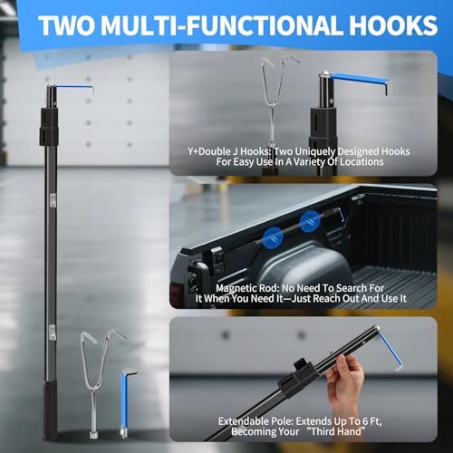 Magnetically Mounted Truck Cargo Grabber Reach Retriever Tool,6.9 Ft Upgraded Extendable Truck Bed Accessories,Heavy Duty Stainless Steel Truck Bed Grabber Tool with Two Hooks (Magnetically Mounted) | 6.9FT Heavy Duty Stainless Steel Extendable Pole with