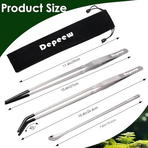 Reptile Feeding Tongs, Stainless Steel Long Tweezers Set, 4 Pack | 10.6" Straight & Curved Tweezers with Soft Rubber Tip, for Aquarium Terrarium, Crafts, Bearde Dragon Tank Accessories, Silver