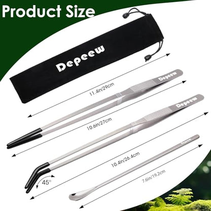 Reptile Feeding Tongs, Stainless Steel Long Tweezers Set, 4 Pack | 10.6" Straight & Curved Tweezers with Soft Rubber Tip, for Aquarium Terrarium, Crafts, Bearde Dragon Tank Accessories, Silver