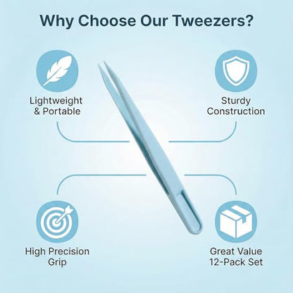 Zelphvt 12 Pcs Crafting Tweezers，4.5 Inch Straight Sticker Tweezers Jewelry Tweezer for DIY Baking Decoration Reptile Feeding Scrapbooking