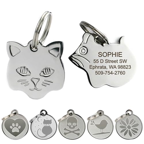 GoTags Stainless Steel Cat ID Tags, Available in Mouse and Cat Shapes, Includes up to 4 Lines of Custom Engraved Personalized Text - style: Kitty Face