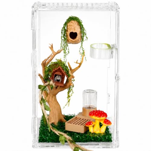 Jumping Spider Enclosure Accessories Kit Water Dispenser Magnetic Tree Trunk Hide with Artificial Moss Tree House Climbing Rope Spider Habitat Decor for Jumping Spider Terrarium Reptile Tank