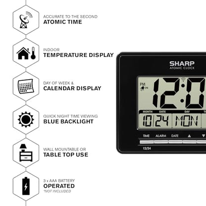 Sharp Atomic Digital Alarm Clock | Auto Set, Time Display, Date Display, Temperature Display