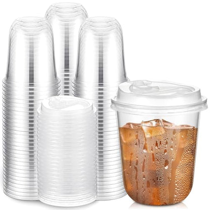 Baderke 100 Sets 12 oz Clear Plastic Cups with Lids,Sturdy Iced Coffee Cups with lids, Disposable Plastic Smoothie Cup for Cold Drinks - size: 12oz