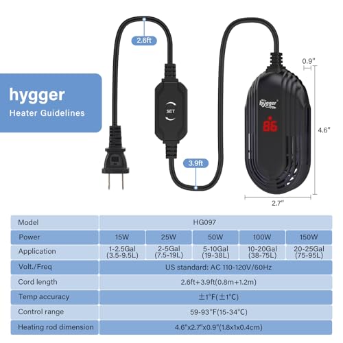hygger Small Aquarium Heater, 15W Submersible Betta Fish Tank Heater with Adjustable Temperature External Controller, Turtle Heater with LED Display for up to 2.5 Gallon Tanks - size: 15W