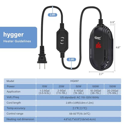 hygger Small Aquarium Heater, 25W Submersible Betta Fish Tank Heater with Adjustable Temperature External Controller, Turtle Heater with LED Display for up to 5 Gallon Tanks - size: 25W
