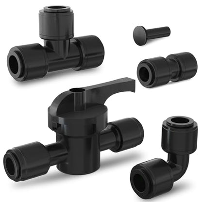 EVOULTES 45 Pcs 1/4" Drip Irrigation Quick Connect Kit, Leak Free Tubing Fittings, Easy Install Durable Connectors for 1/4 Inch Drip System (10 Tee, 10 Elbow, 10 Coupling, 10 Cap, 5 Valve) - size: 45PCS 1/4" Connector Fittings Kit