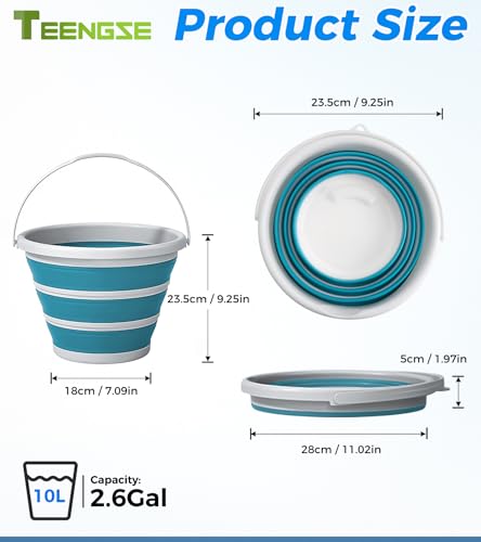 10L Portable Collapsible Silicone Bucket for Camping Fishing Car Wash, Blue | 10L Large Silicone Foldable Bucket with Hanging Handle, Multifunctional Portable for Car Wash Fishing Camping Outdoor Travel - color: Peacock Blue
