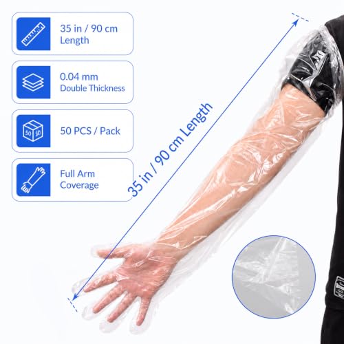 Anxingo 50Pcs Disposable Plastic Veterinary Insemination Rectal Long Arm Gloves for Field Dressing Gutting 35 inch Length - color: Transparent
