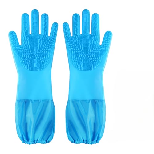 Dog washing gloves | Pet grooming gloves | Extra Long Arms 17.3in (blue) | This pet hair removal glove is made of thickened waterproof silicone and features scratch and bite resistance. - color: blue
