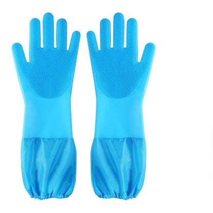 Dog washing gloves | Pet grooming gloves | Extra Long Arms 17.3in (blue) | This pet hair removal glove is made of thickened waterproof silicone and features scratch and bite resistance. - color: blue