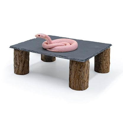Reptile Tank Accessories, Slate Basking Platform with Wooden Pile, Snake Hideout, Hide Cave for Bearded Dragons, Geckos, Ball Pythons, Tortoise and Other Small Animals