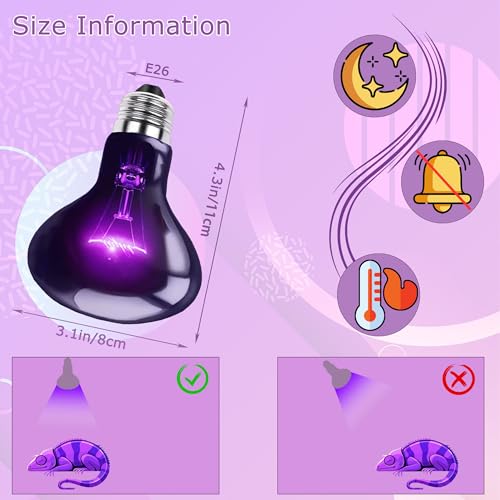 Reptile Night Light Bulb, UVA Heat Lamp, Simulated Moonlight Glow | Creates a Gentle Nighttime Environment, Promotes Natural Activity Cycles, Ideal for Reptile Habitats & Terrariums - color: Purple Moonlight, size: 75W-3.15″