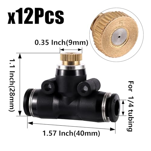 12 Pack Brass Misting Nozzles Outdoor Cooling System | Include 12 Heavy Duty Misting Nozzle,12 Tees,2 Brass Plugs,2 Black Plugs for Outdoor Cooling system - size: 12pc-Brass Misting Nozzles kit