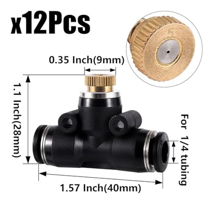 12 Pack Brass Misting Nozzles Outdoor Cooling System | Include 12 Heavy Duty Misting Nozzle,12 Tees,2 Brass Plugs,2 Black Plugs for Outdoor Cooling system - size: 12pc-Brass Misting Nozzles kit