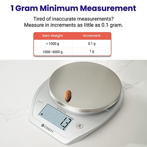 Etekcity 0.1g Food Kitchen Scale, Bowl, Digital Grams and Ounces for Weight Loss, Dieting, Baking, Cooking, and Meal Prep, 11lb/5kg, Stainless Steel Silver | 11lb/5kg capacity with tare, removable bowl, ideal for baking, coffee, meal prep and portion cont