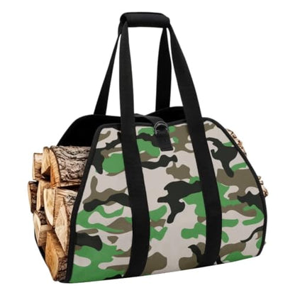 Woodland Camo Print Firewood Transport Bag Log Storage Tote | Large Capacity, Padded Handles, Open-Ended Design, Fits Home Fireplace, Camping Travel Backyard Gatherings - color: Classic Woodland Light Camo Print