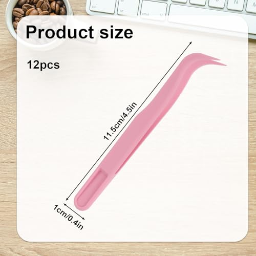 12pcs Plastic Tweezers, 11.5cm/4.5in Non-Slip Grip Bent Tip Jewelry Tweezers Crafts Baking Decorations & Reptile Feeding for DIY Jewelry Making Kids (Pink)