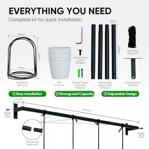 Window Plant Hanger with 4 Pots, 40 Inch Adjustable Hanging Planters for Indoor Plants, Metal Wall/Ceiling Plant Rod for Herbs, Flowers, Kitchen, Apartment & Balcony, Black