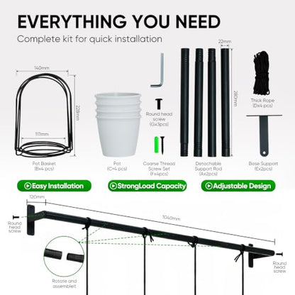 Window Plant Hanger with 4 Pots, 40 Inch Adjustable Hanging Planters for Indoor Plants, Metal Wall/Ceiling Plant Rod for Herbs, Flowers, Kitchen, Apartment & Balcony, Black