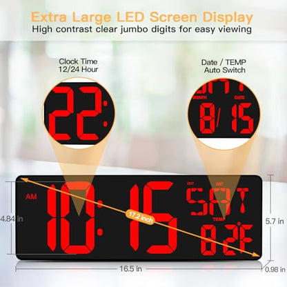 XREXS 17.2 Inch Large Digital Wall Clock with Remote Control | LED Large Display Count Up & Down Timer, Adjustable Brightness Plug-in Alarm Clock with Temperature for Home, Office, Gym - color: Red
