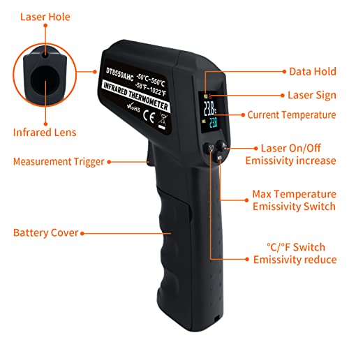 Infrared Thermometer Temperature Gun -58℉~ 1022℉ (-50℃ ~ 550℃) Non-Contact Instant-Read Digital Laser Infrared Ir Thermometer with Color Screen (Black) - color: Black