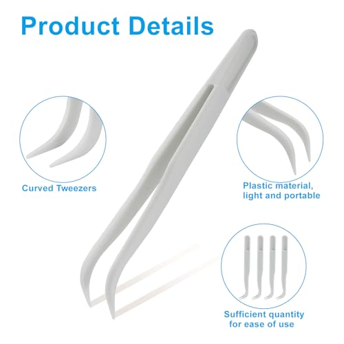Coufce 12pc White Plastic Tweezers, 4.5 Inch Bent | DIY Jewelry Making, Crafts, Baking Decoration, Reptile Feeding & Bead Craft Tools