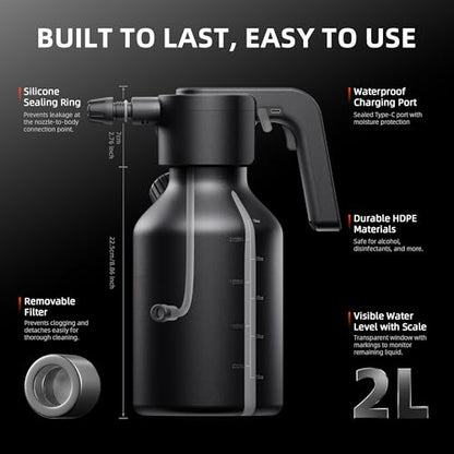 Spider Farmer 70oz Battery Powered Sprayer, 0.5 Gal Electric Spray Bottle | Type-C Rechargeable, 2500mAh Battery Automatic Plant Mister with Adjustable Nozzle & Measuring Cup for Continuous Misting
