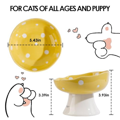 Ceramic Elevated Cat Bowls, Tilted Raised Pet Dish Anti Vomit Kitten Bowl for Indoor Cats, Whisker Friendly Pet Food and Water Bowl for Kitten, Cat, Puppies, Dishwasher Safe (Yellow) | Elevated, Ceramic, Whisker Friendly, Wide Opening, Anti Vomitin,Cute M