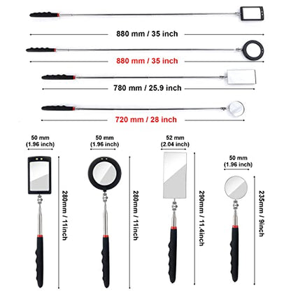 4PCS Telescoping Inspection Mirror LED Lighted Inspection Mirror for Mechanic Checking Vehicle, Car, Eyelashes, Mouth, Small Parts Observation (Extendable, Rectangle & Round)