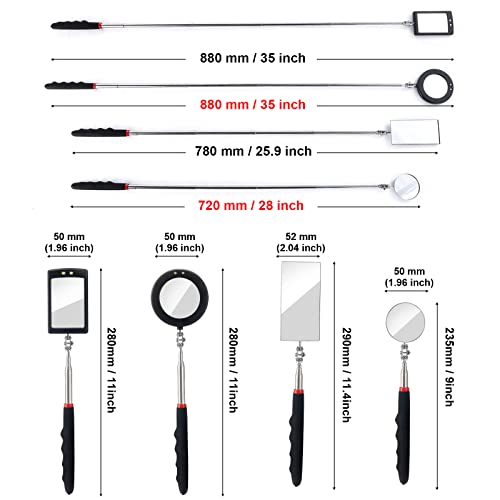 4PCS Telescoping Inspection Mirror LED Lighted Inspection Mirror for Mechanic Checking Vehicle, Car, Eyelashes, Mouth, Small Parts Observation (Extendable, Rectangle & Round)