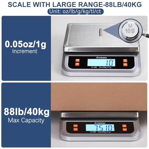 Atogou 88lb Food Scale, Commercial Kitchen Scale Plug-in Usable | Full View LCD Display, Stainless Steel, for Baking, Bread, Cooking, Meat, Vegetables, Farm, Industry LC200 Silver - size: Silver 88 lb (40 kg)