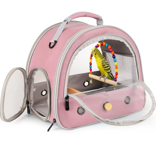 Portable Parrot Travel Cage Carrier with Small Swing Toy&Cage Colorful Toys Set Small Bird Parakeet Bag with Standing Perch Bird Carry Transport Bag (Pink, Carrier/Swing) - color: Pink, size: 12.0"L x 7.0"W x 12.0"H