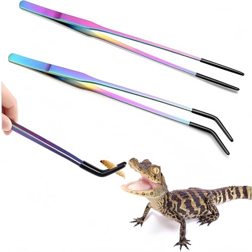 2PCS Long Aquarium Tweezers, 10.6 Inch Stainless Steel Straight & Curved Reptile Feeding Tongs with Soft Rubber Tips, Aquascape Tools for Fish Tank, Terrarium, Bearded Dragon, Lizard & Snake