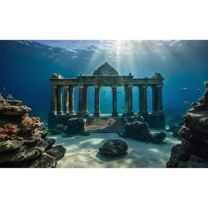Under The Sea Scene Aquarium Background Tranquil Underwater Ancient Temple Fish Tank Background Deep Blue Sea Sunray Terrarium Backgrounds Blue Ocean Sunken Temple Reptile Tank Backgrounds 24x12in - color: Blue_Dark Brown, size: 24(W)x12(H)in